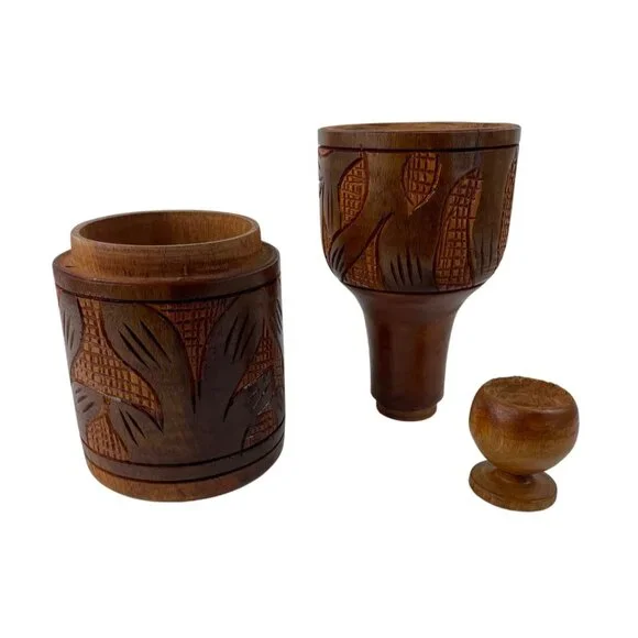 Handcrafted Carved Wooden 3 Piece Bottle Holder Lid Cup - Picture 2 of 16